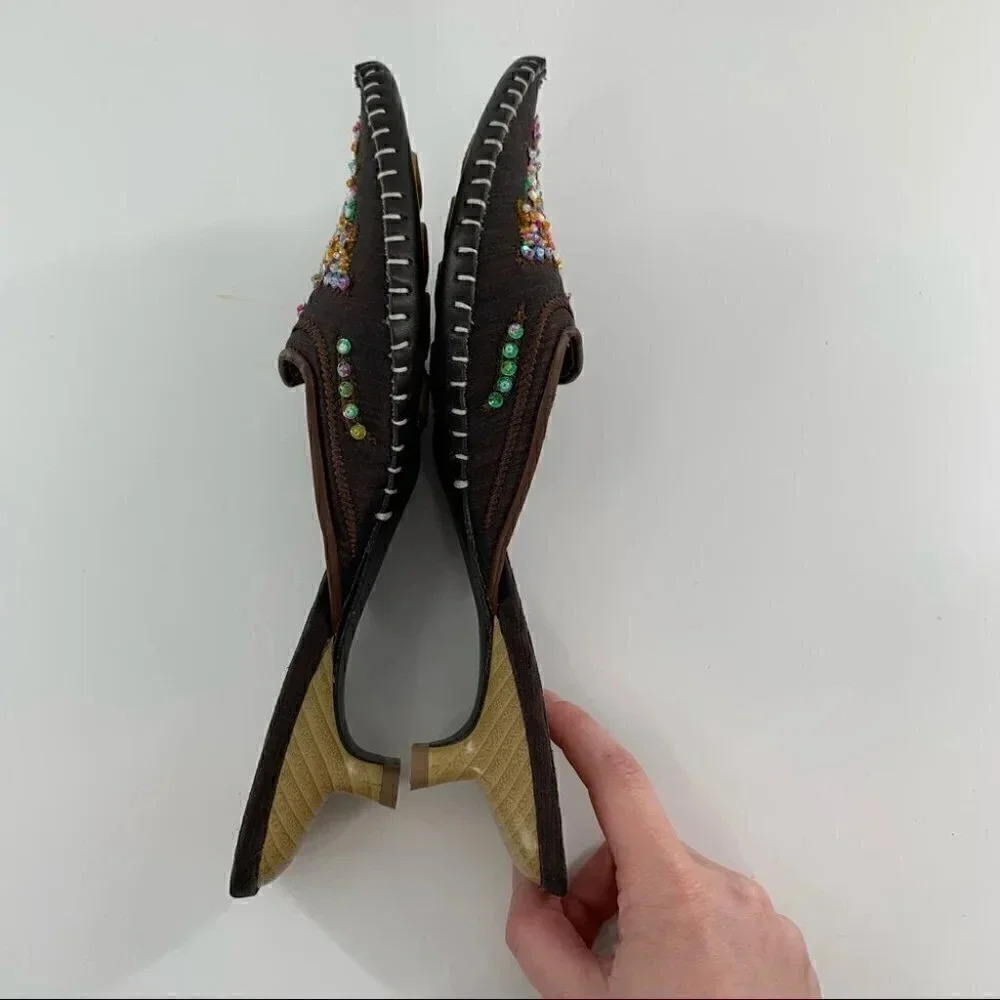 Coldwater Creek size 7.5 mules chocolate brown Thai satin beaded Bollywood - Picture 6 of 12